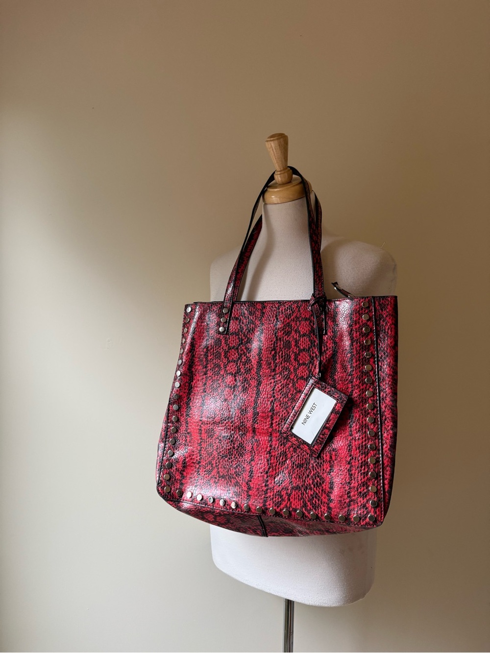 Nine West Red Snakeskin Studded Tote Bag Shoulder Purse